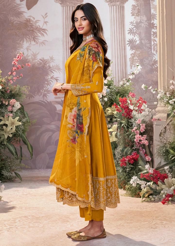 Mustard Yellow Silk Anarkali Suit with Detailed Embroidery