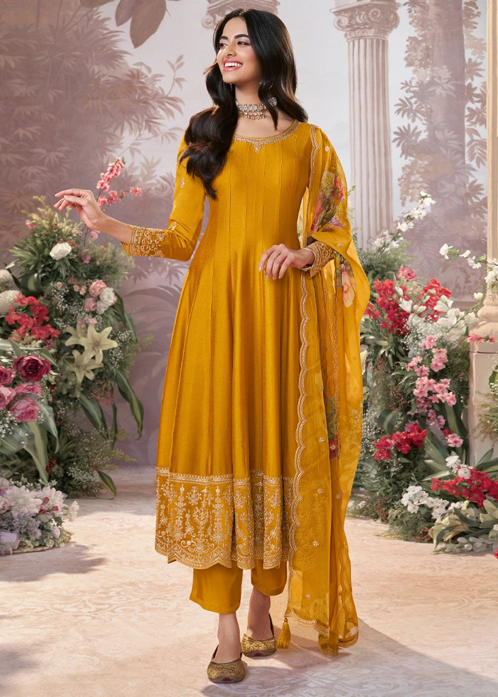 Mustard Yellow Silk Anarkali Suit with Detailed Embroidery