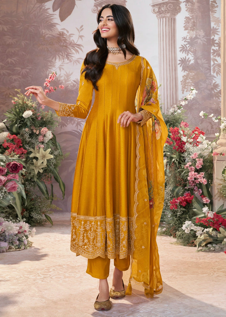 Mustard Yellow Silk Anarkali Suit with Detailed Embroidery