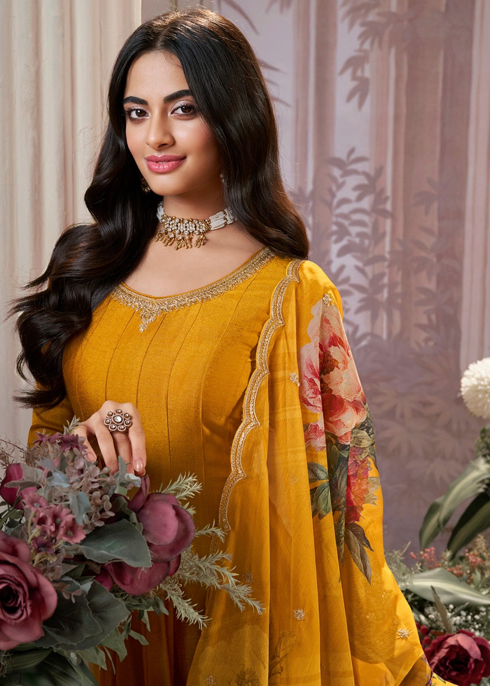 Mustard Yellow Silk Anarkali Suit with Detailed Embroidery