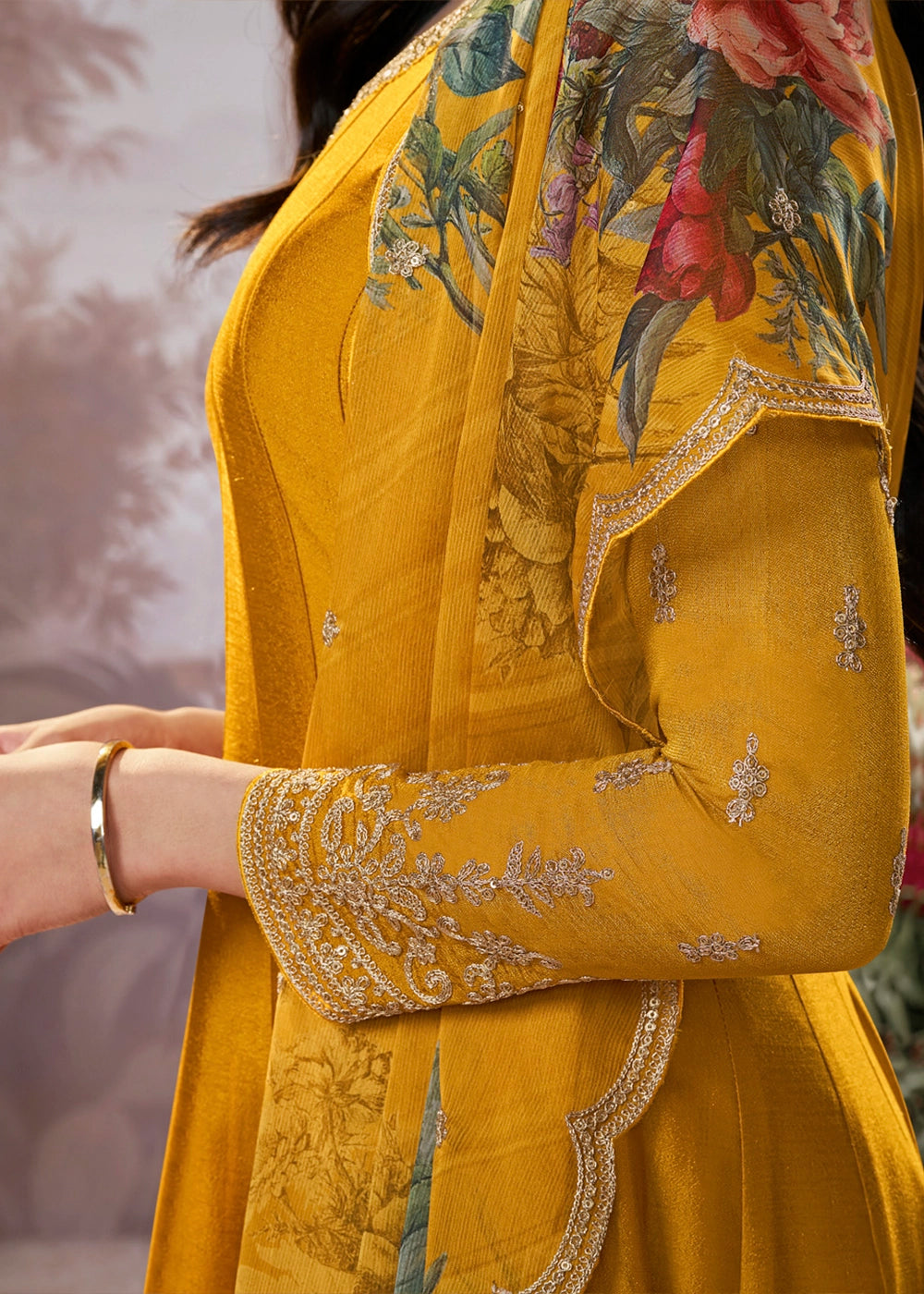 Mustard Yellow Silk Anarkali Suit with Detailed Embroidery