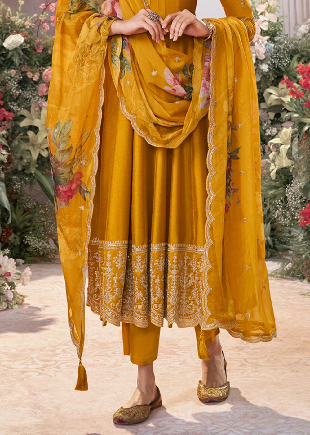 Mustard Yellow Silk Anarkali Suit with Detailed Embroidery