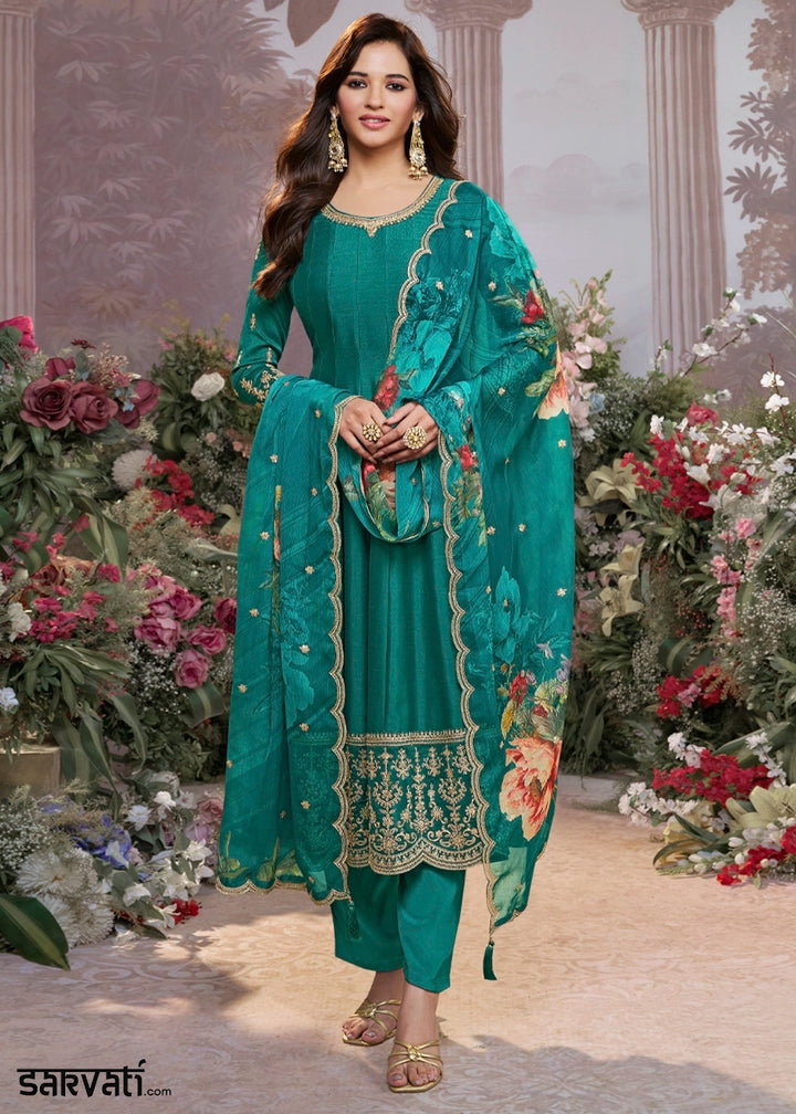 Teal Green Silk Anarkali Suit with Detailed Embroidery
