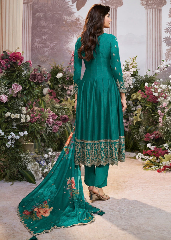 Teal Green Silk Anarkali Suit with Detailed Embroidery