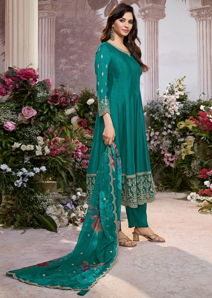 Teal Green Silk Anarkali Suit with Detailed Embroidery