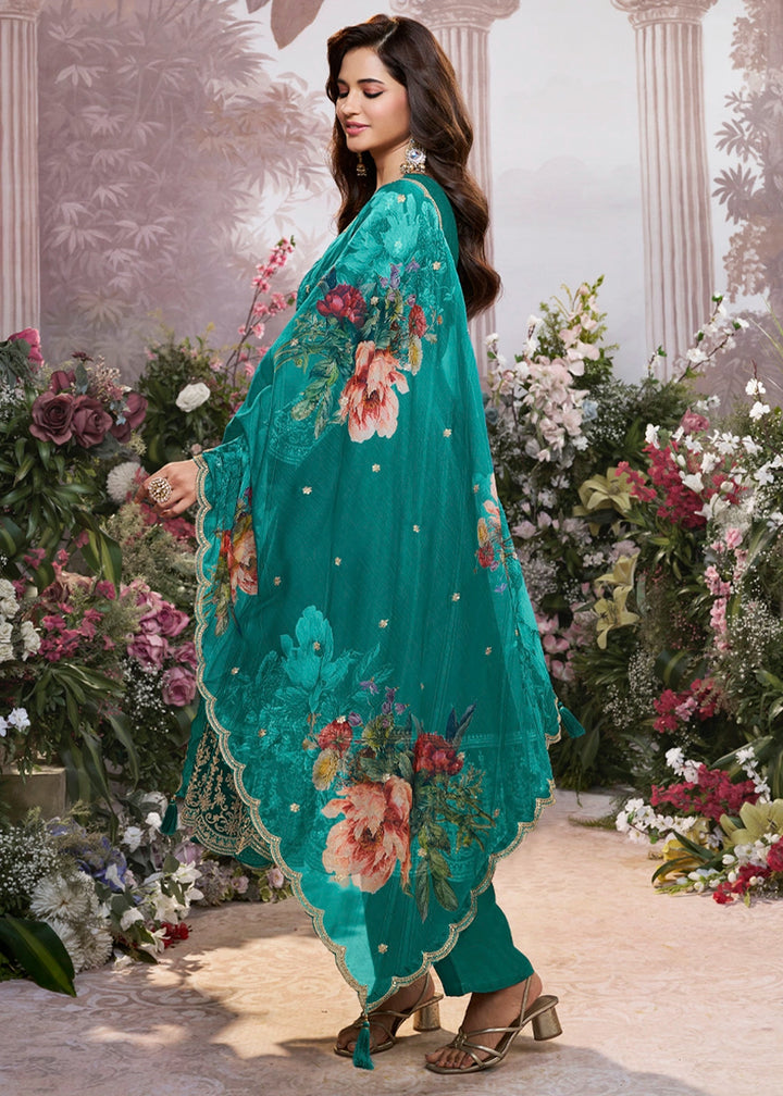 Teal Green Silk Anarkali Suit with Detailed Embroidery