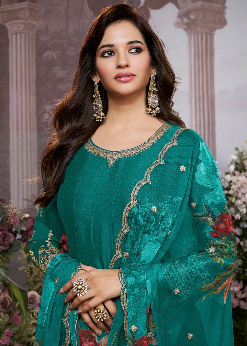 Teal Green Silk Anarkali Suit with Detailed Embroidery