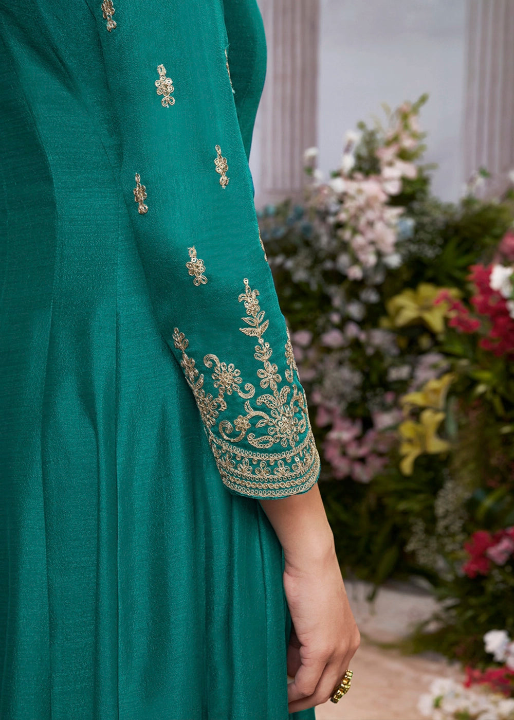 Teal Green Silk Anarkali Suit with Detailed Embroidery