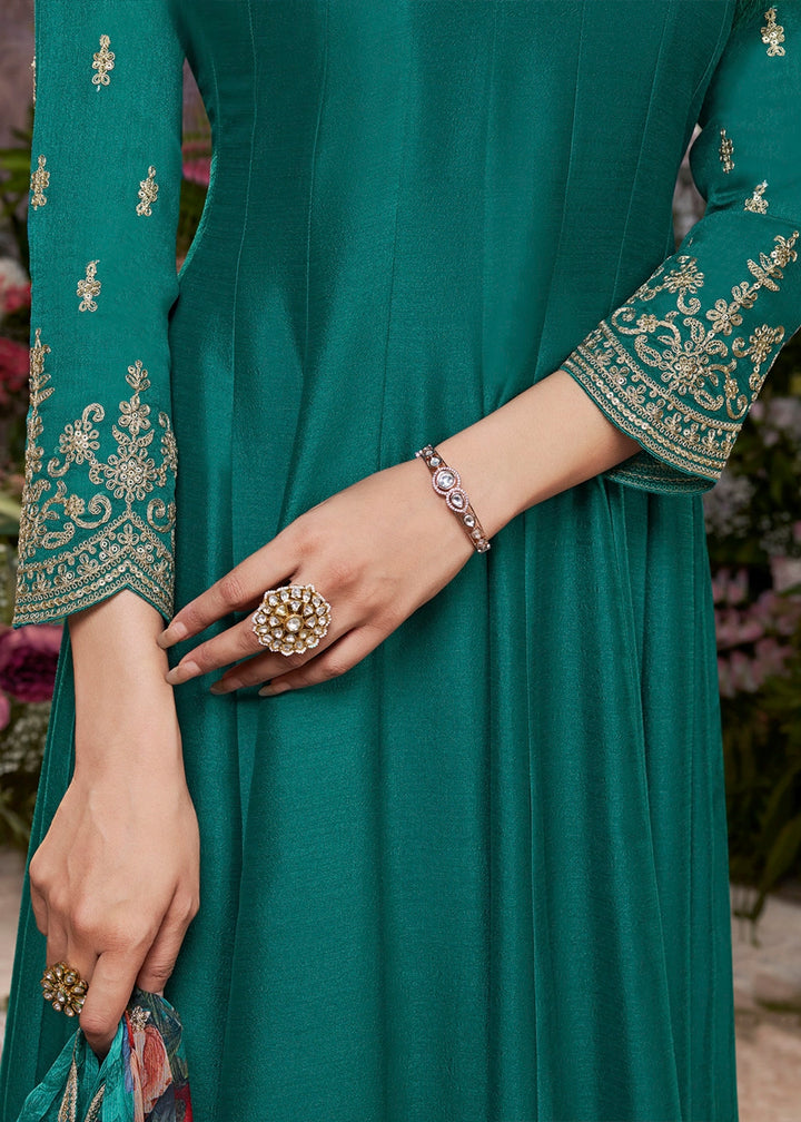Teal Green Silk Anarkali Suit with Detailed Embroidery