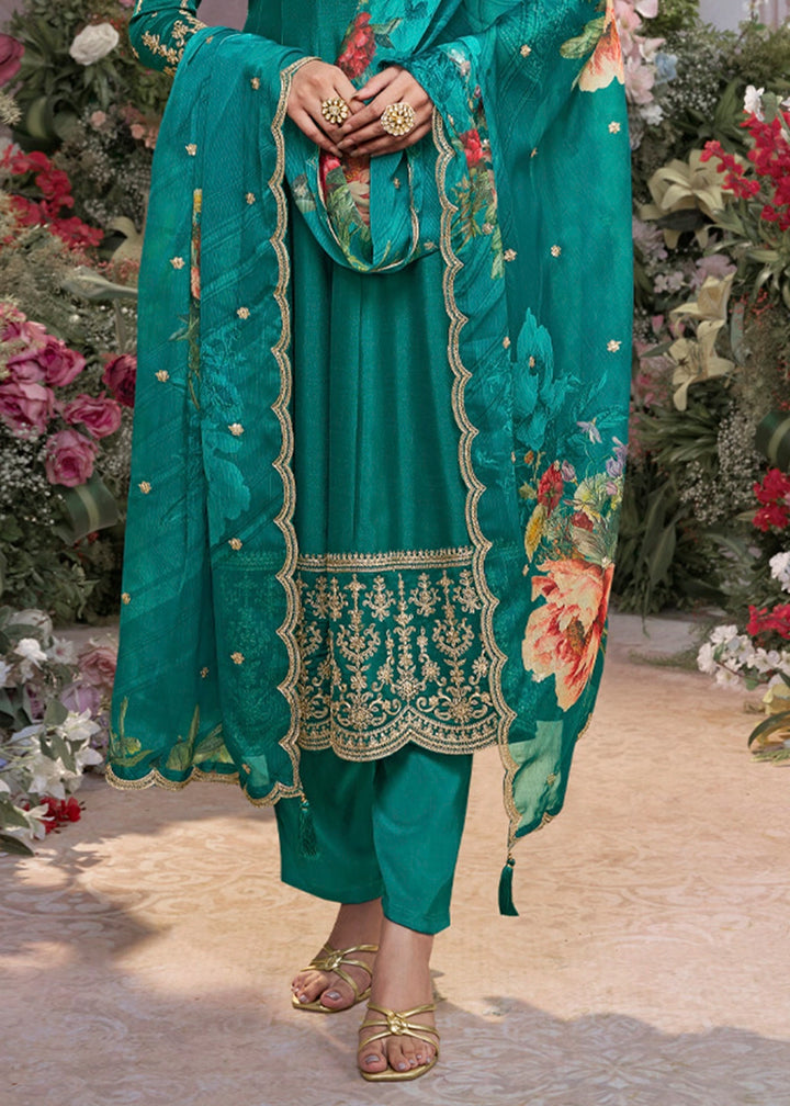 Teal Green Silk Anarkali Suit with Detailed Embroidery
