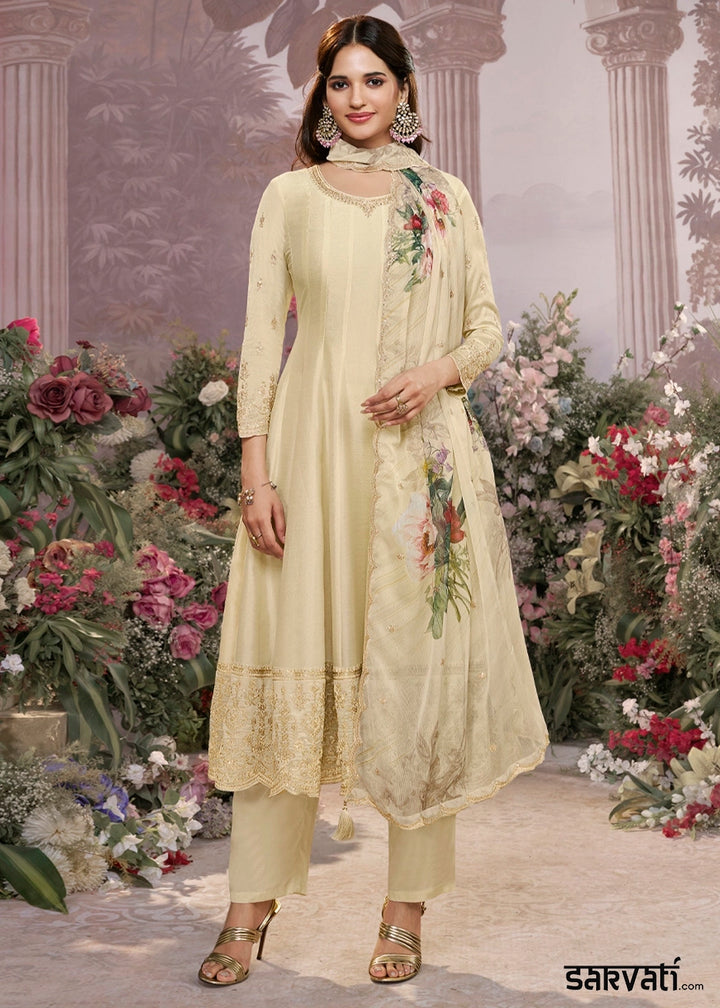 Cream White Silk Anarkali Suit with Detailed Embroidery