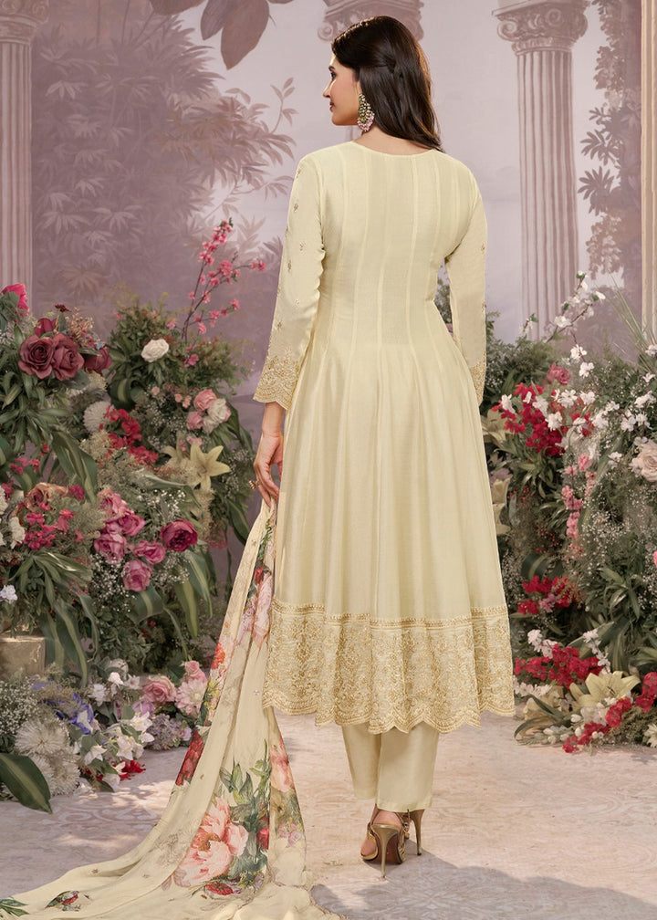 Cream White Silk Anarkali Suit with Detailed Embroidery