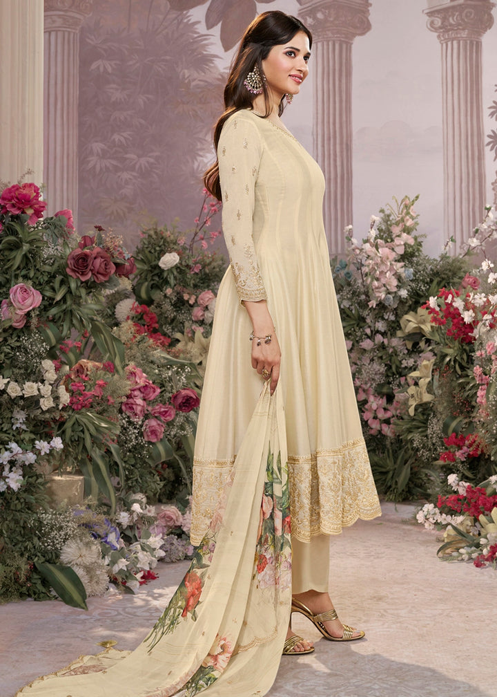 Cream White Silk Anarkali Suit with Detailed Embroidery