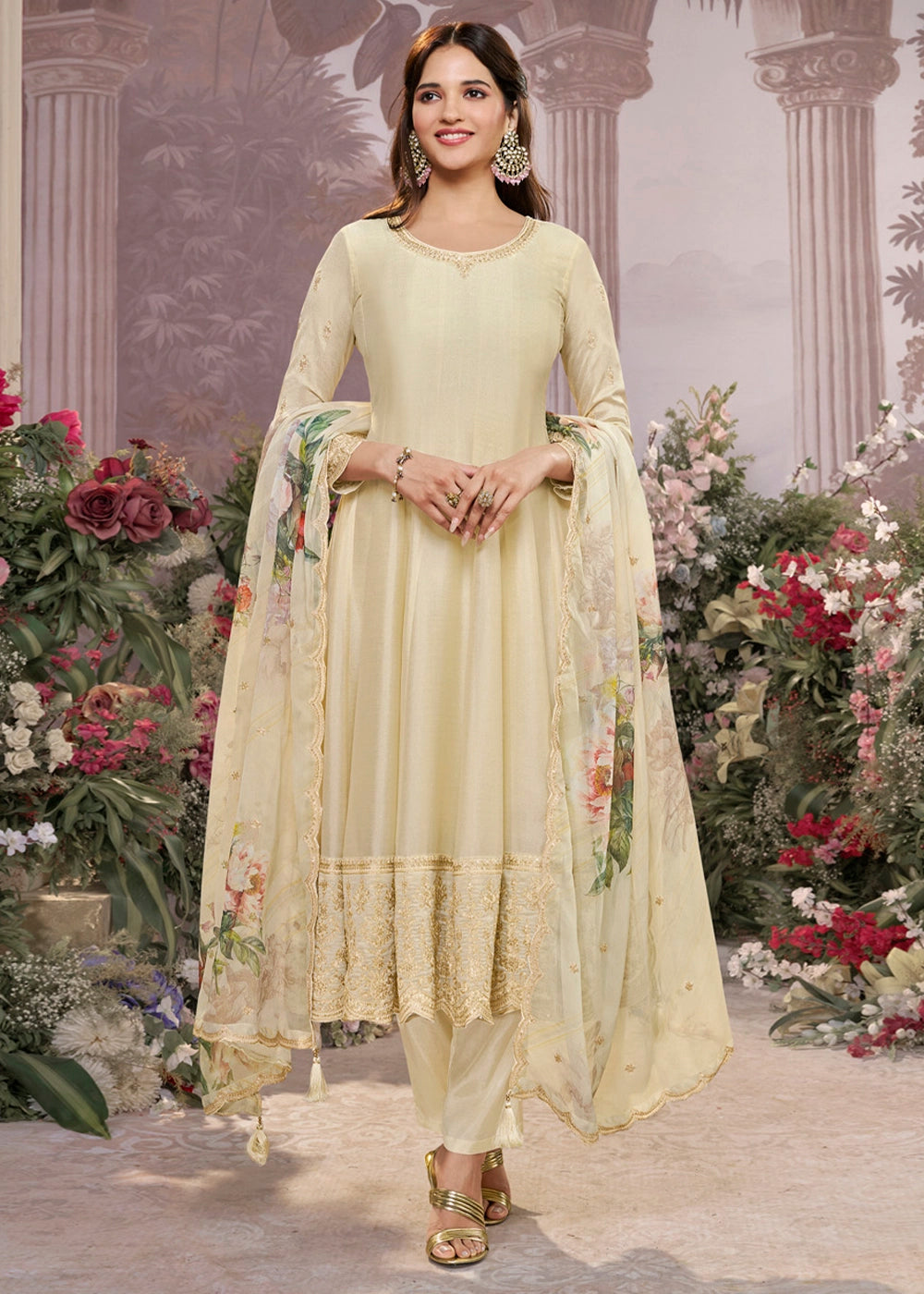 Cream White Silk Anarkali Suit with Detailed Embroidery