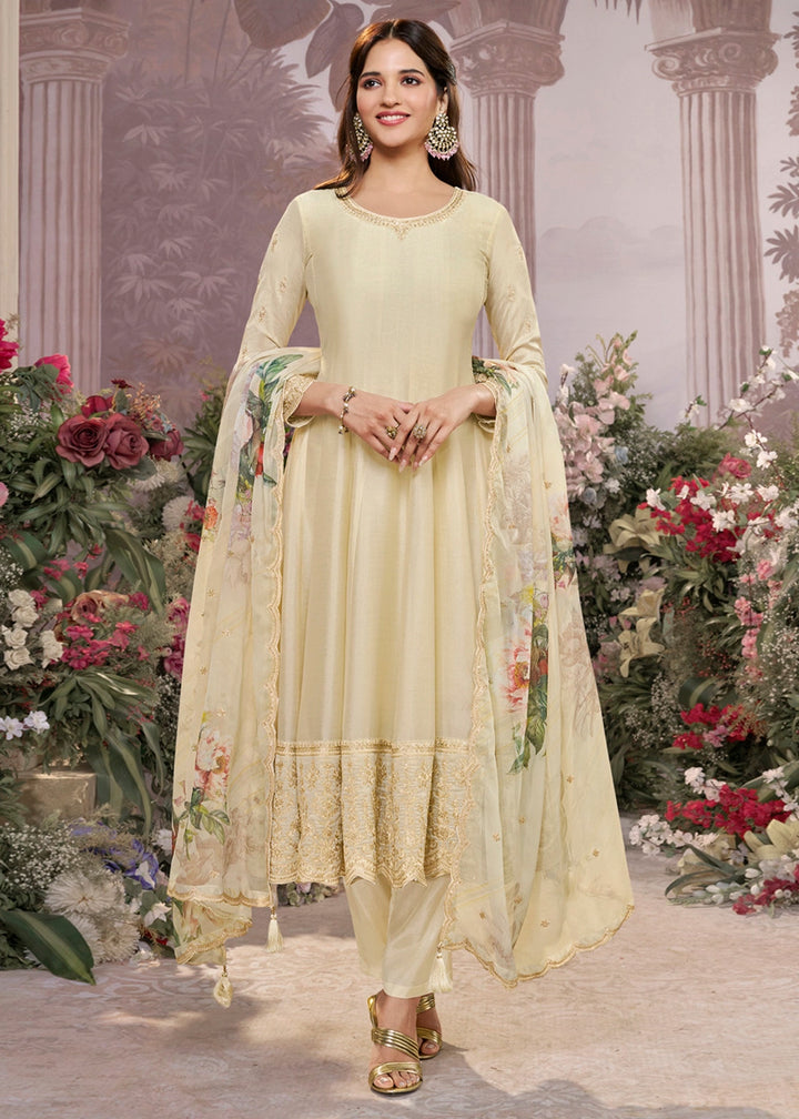 Cream White Silk Anarkali Suit with Detailed Embroidery