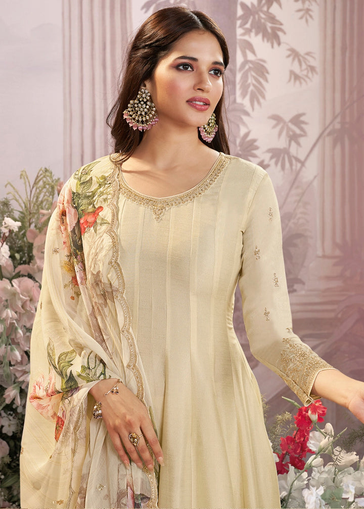 Cream White Silk Anarkali Suit with Detailed Embroidery