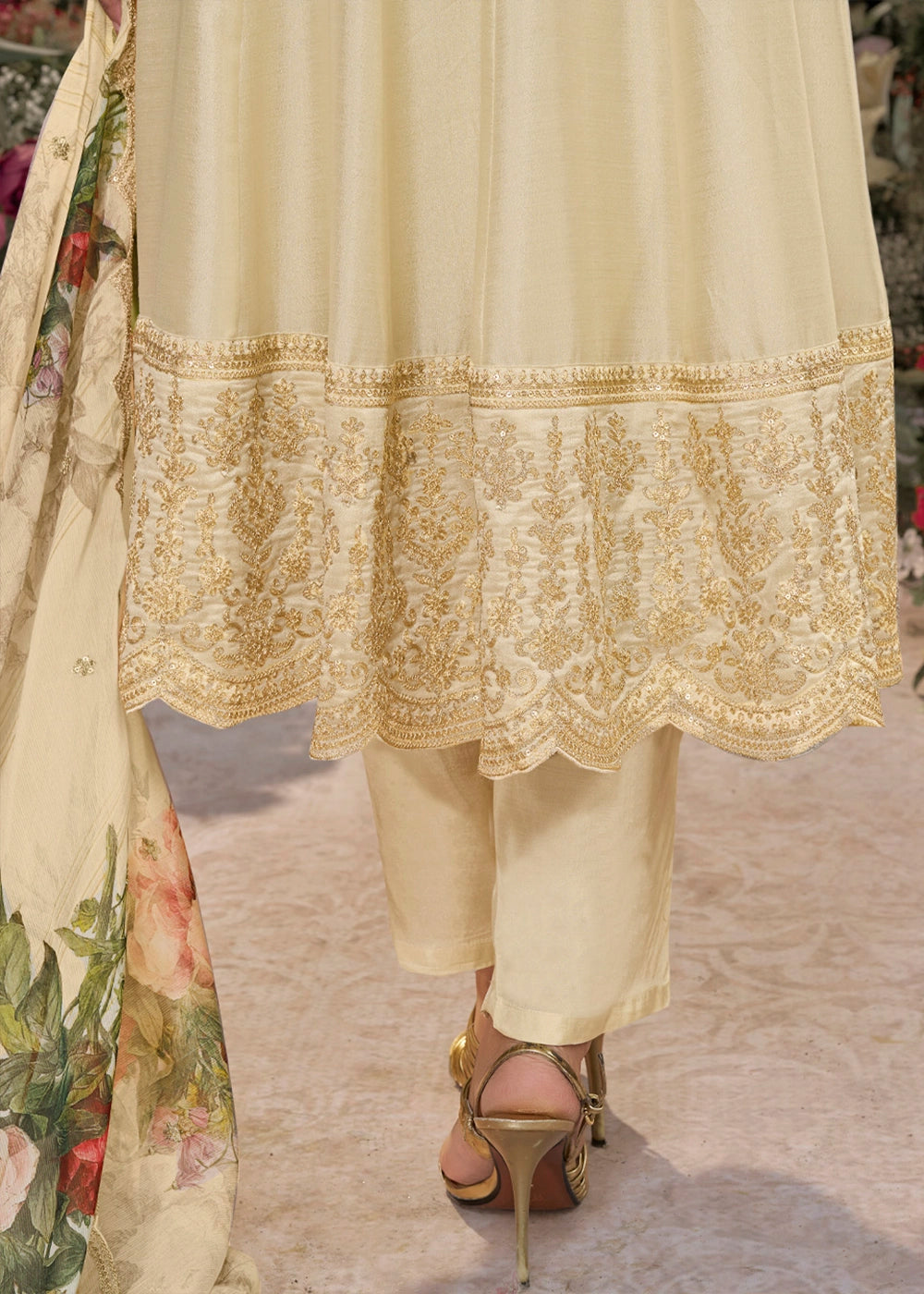 Cream White Silk Anarkali Suit with Detailed Embroidery