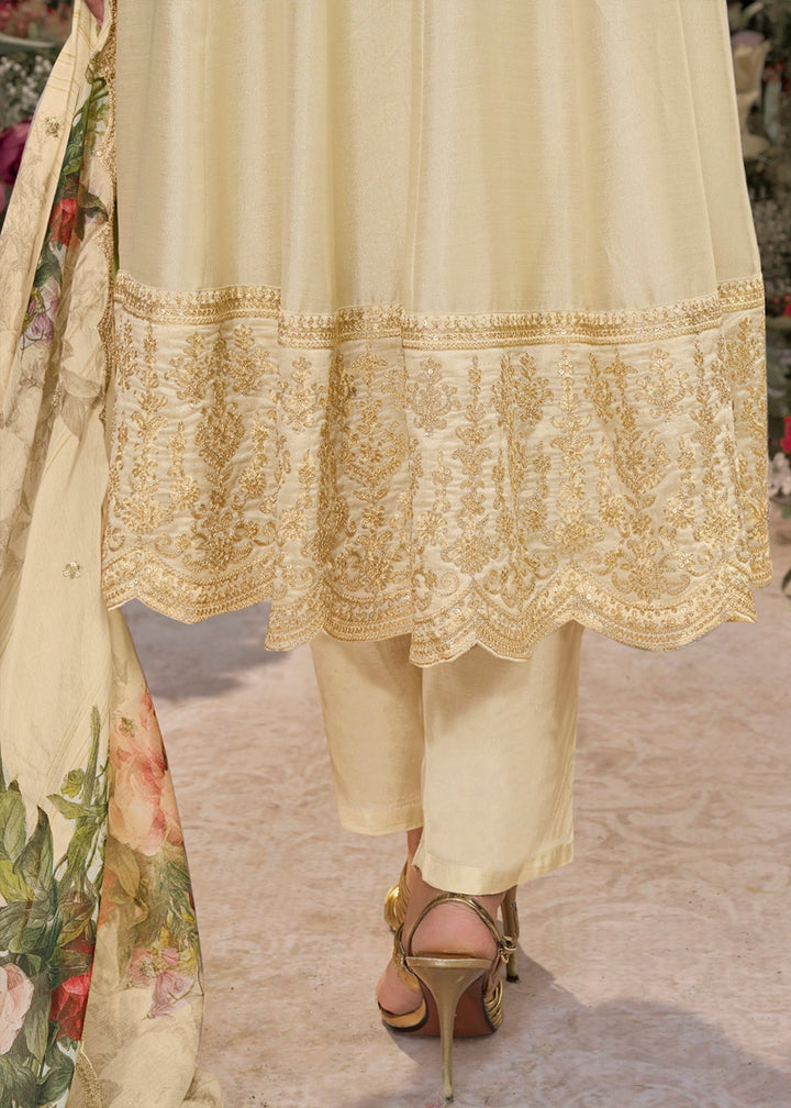Cream White Silk Anarkali Suit with Detailed Embroidery