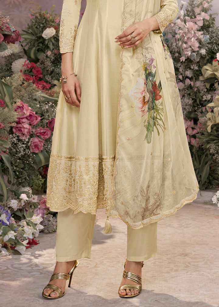 Cream White Silk Anarkali Suit with Detailed Embroidery