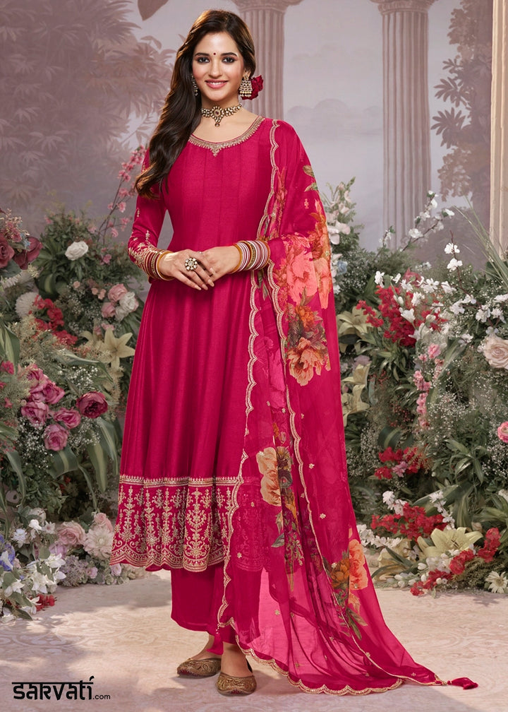 Magenta Pink Silk Anarkali Suit with Detailed Embroidery