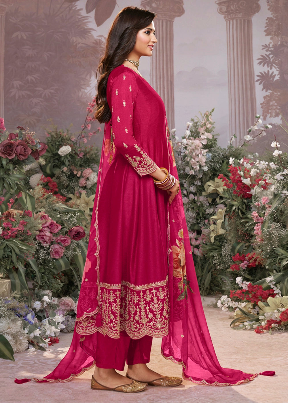 Magenta Pink Silk Anarkali Suit with Detailed Embroidery