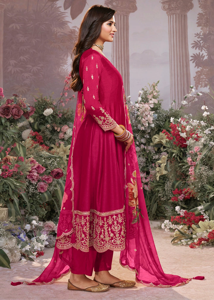 Magenta Pink Silk Anarkali Suit with Detailed Embroidery