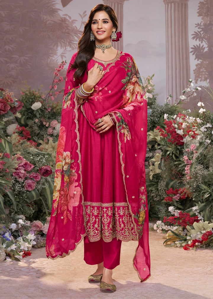 Magenta Pink Silk Anarkali Suit with Detailed Embroidery