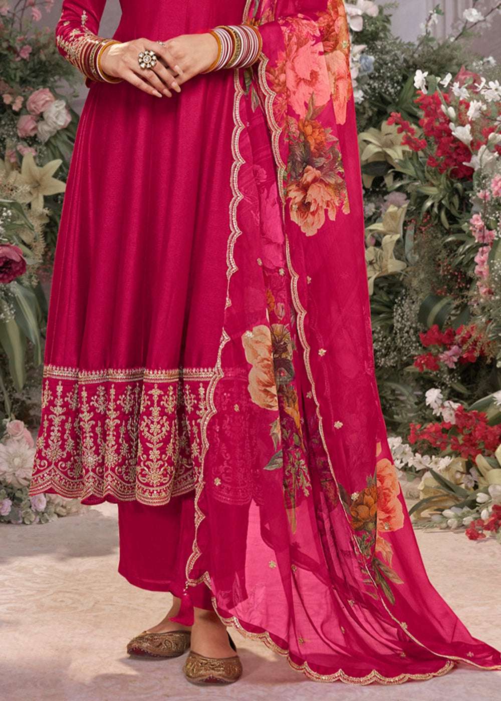 Magenta Pink Silk Anarkali Suit with Detailed Embroidery