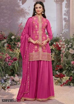 Barbie Pink Jacquard Chinon Silk Sharara Suit Set with Intricate Embroidery