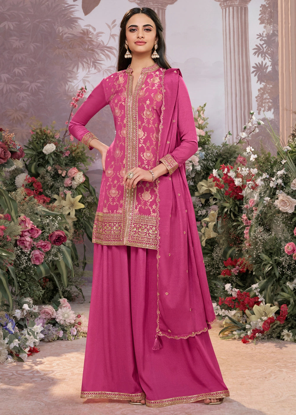 Barbie Pink Jacquard Chinon Silk Sharara Suit Set with Intricate Embroidery