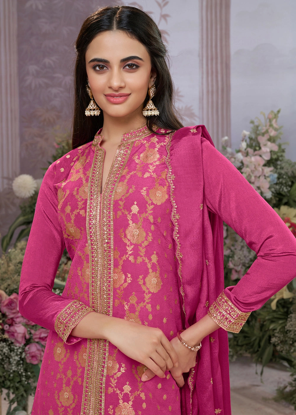 Barbie Pink Jacquard Chinon Silk Sharara Suit Set with Intricate Embroidery