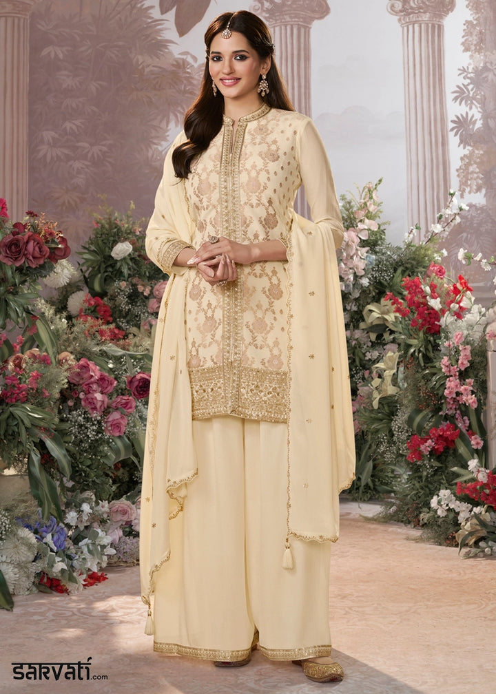 Cream White Jacquard Chinon Silk Sharara Suit Set with Intricate Embroidery