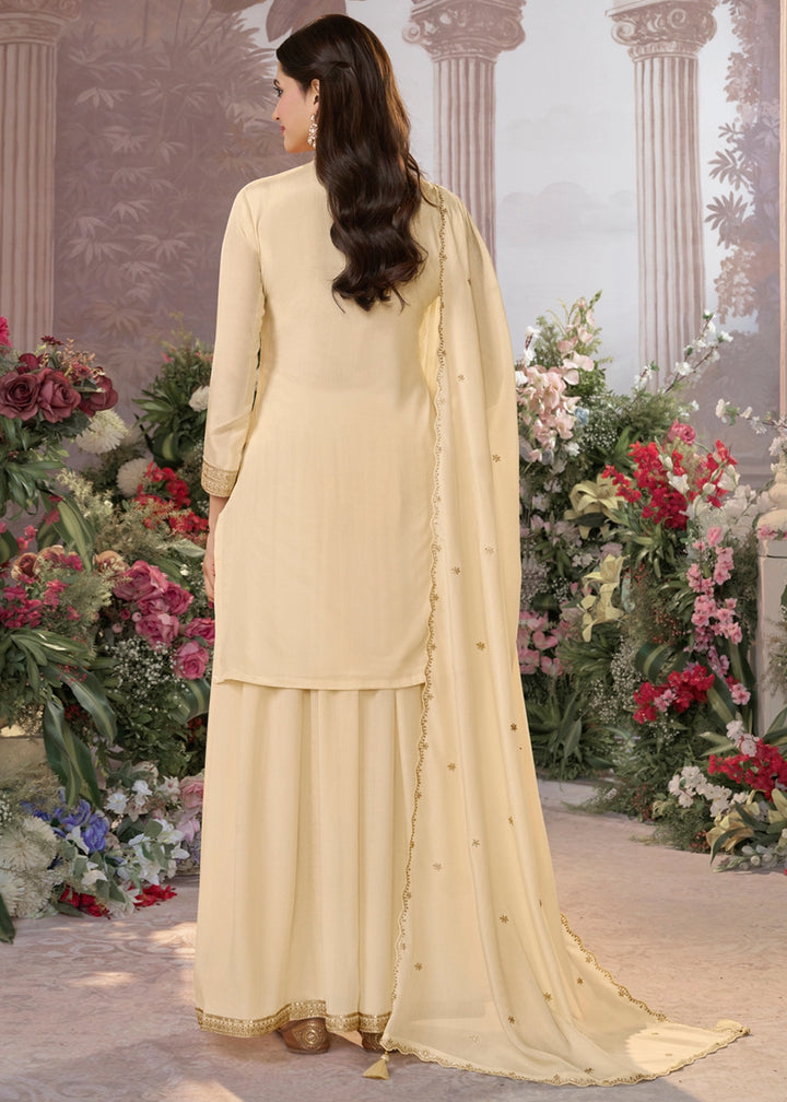 Cream White Jacquard Chinon Silk Sharara Suit Set with Intricate Embroidery