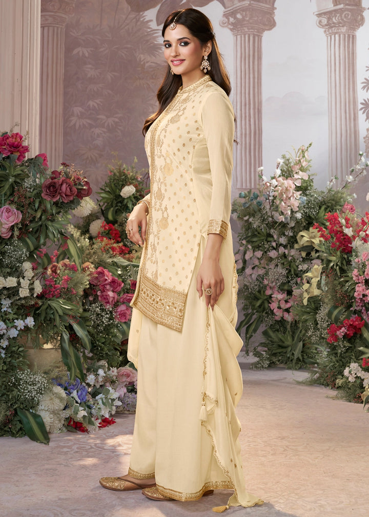 Cream White Jacquard Chinon Silk Sharara Suit Set with Intricate Embroidery