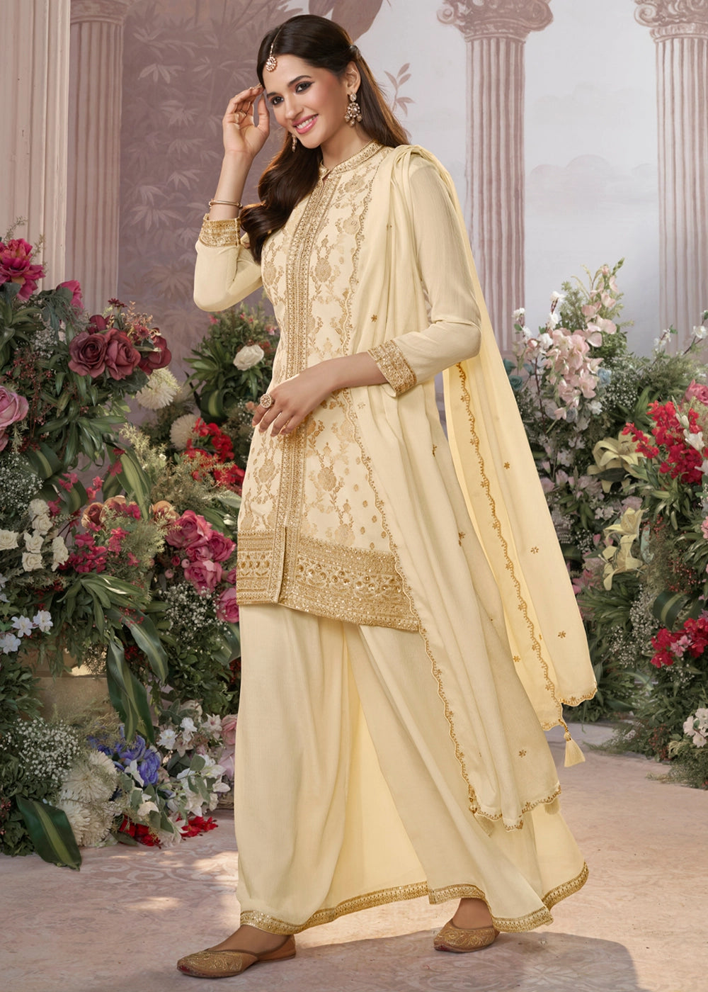 Cream White Jacquard Chinon Silk Sharara Suit Set with Intricate Embroidery