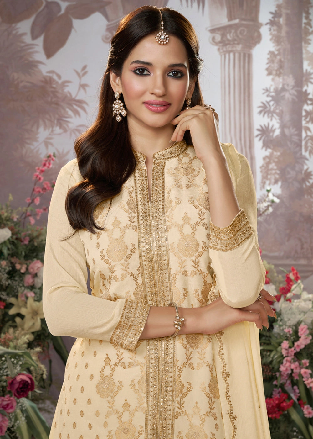 Cream White Jacquard Chinon Silk Sharara Suit Set with Intricate Embroidery
