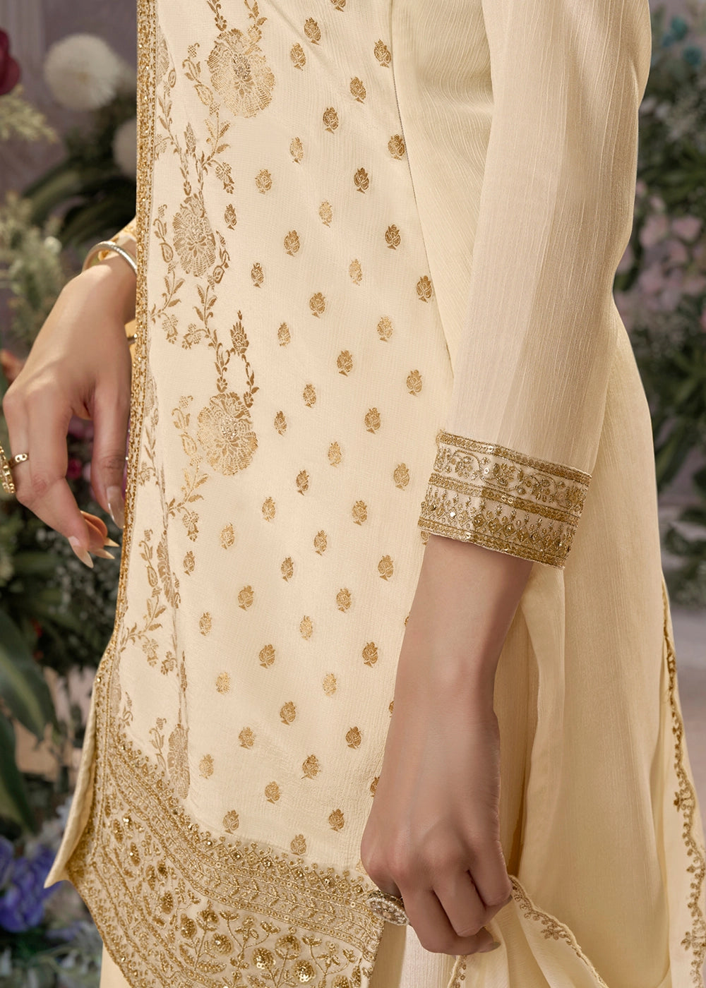 Cream White Jacquard Chinon Silk Sharara Suit Set with Intricate Embroidery
