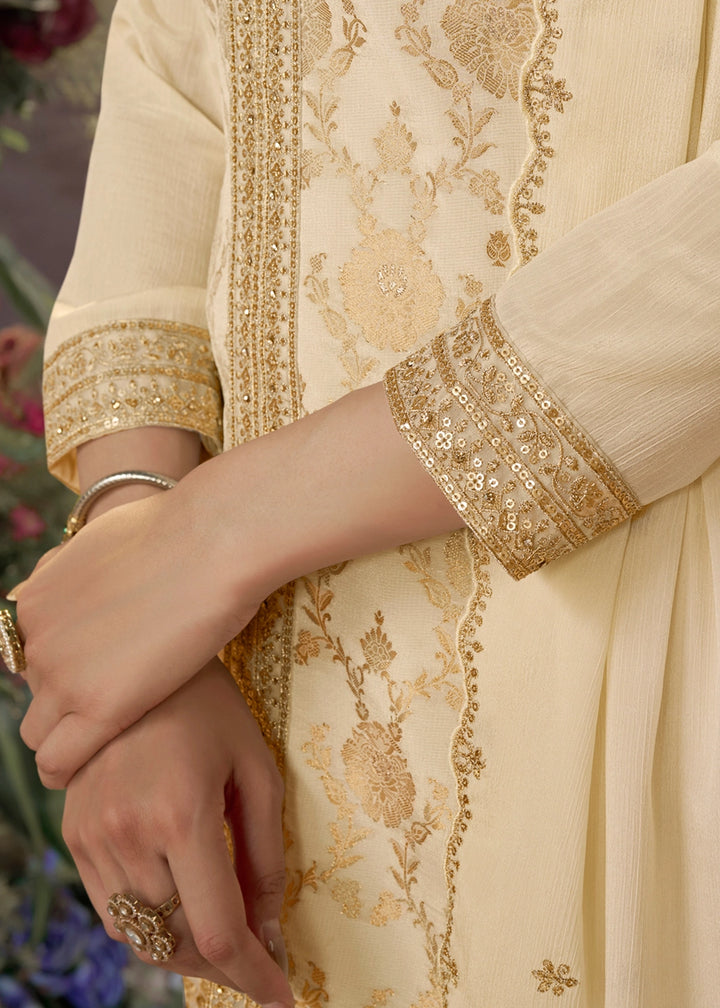 Cream White Jacquard Chinon Silk Sharara Suit Set with Intricate Embroidery