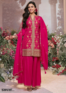 Magenta Pink Jacquard Chinon Silk Sharara Suit Set with Intricate Embroidery
