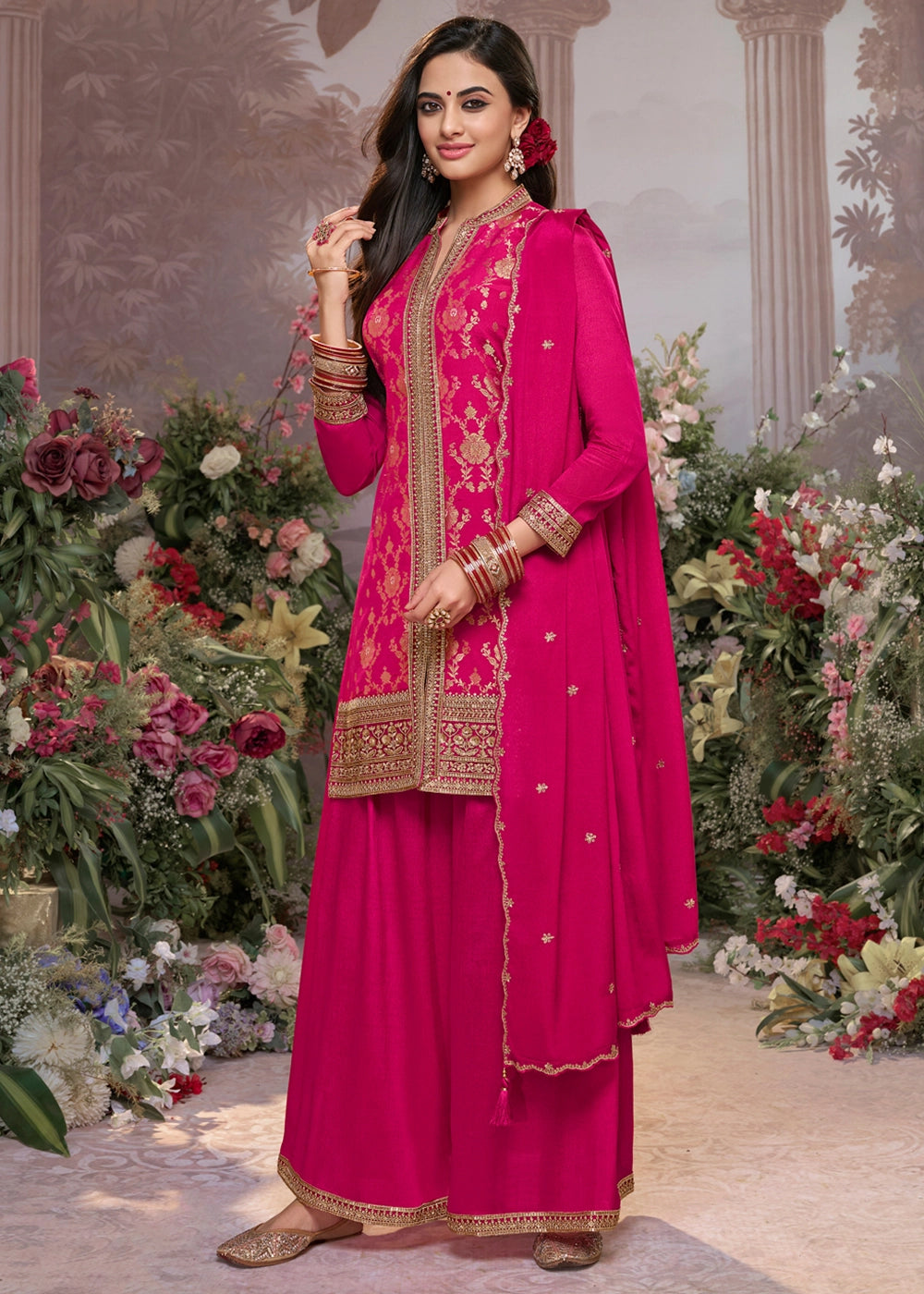 Magenta Pink Jacquard Chinon Silk Sharara Suit Set with Intricate Embroidery