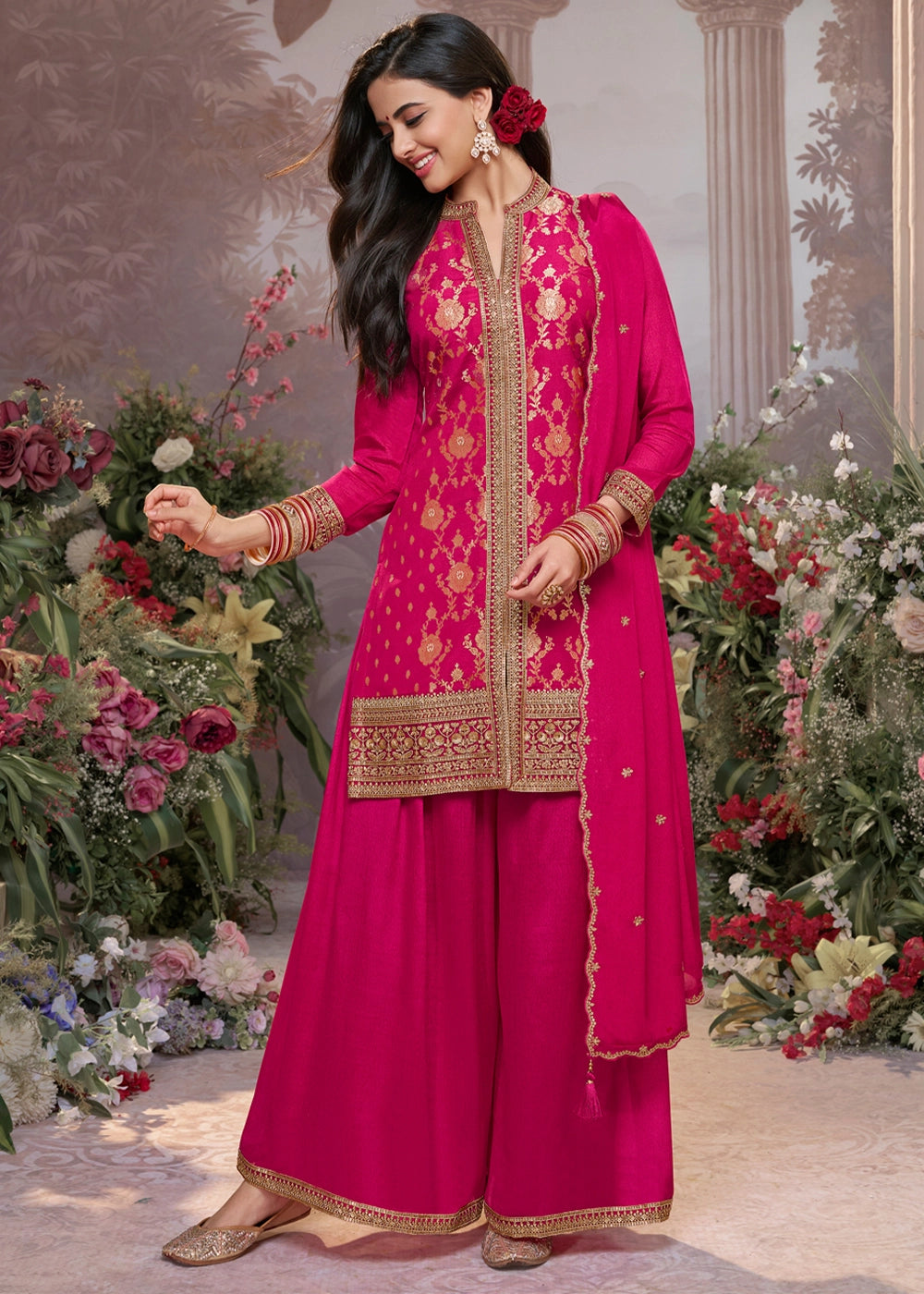 Magenta Pink Jacquard Chinon Silk Sharara Suit Set with Intricate Embroidery
