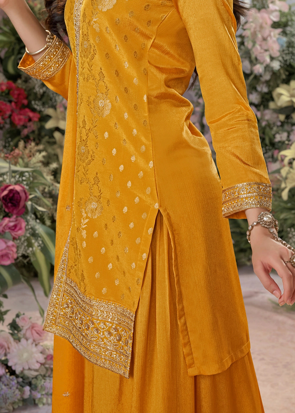Saffron Yellow Jacquard Chinon Silk Sharara Suit Set with Intricate Embroidery