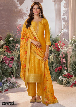 Amber Yellow Embroidered Dola Silk Kurta and Pant Set with Jacquard Accents