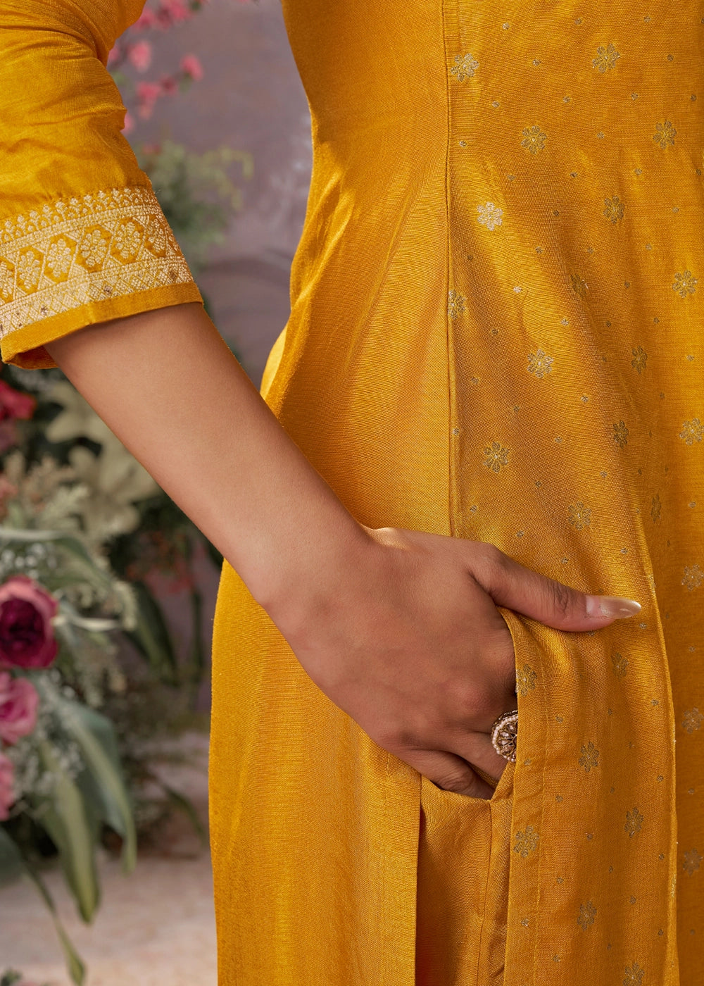 Amber Yellow Embroidered Dola Silk Kurta and Pant Set with Jacquard Accents