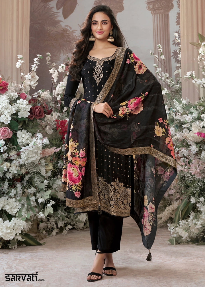 Onyx Black Embroidered Dola Silk Kurta and Pant Set with Jacquard Accents