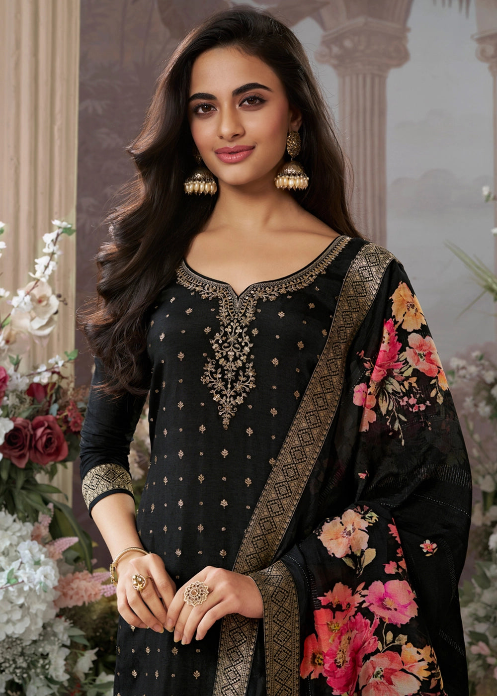 Onyx Black Embroidered Dola Silk Kurta and Pant Set with Jacquard Accents