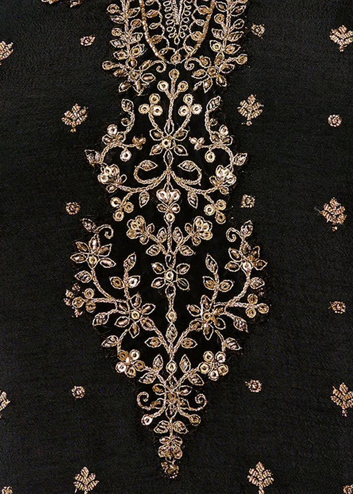 Onyx Black Embroidered Dola Silk Kurta and Pant Set with Jacquard Accents