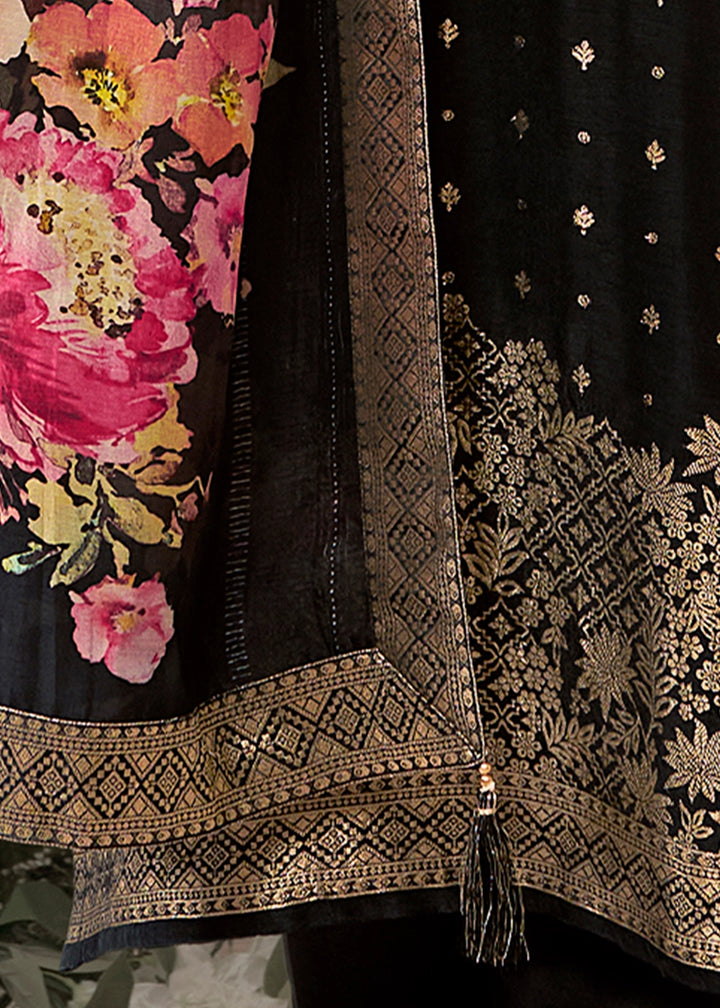 Onyx Black Embroidered Dola Silk Kurta and Pant Set with Jacquard Accents