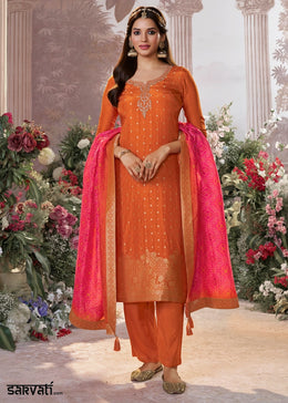 Tangerine Orange Embroidered Dola Silk Kurta and Pant Set with Jacquard Accents