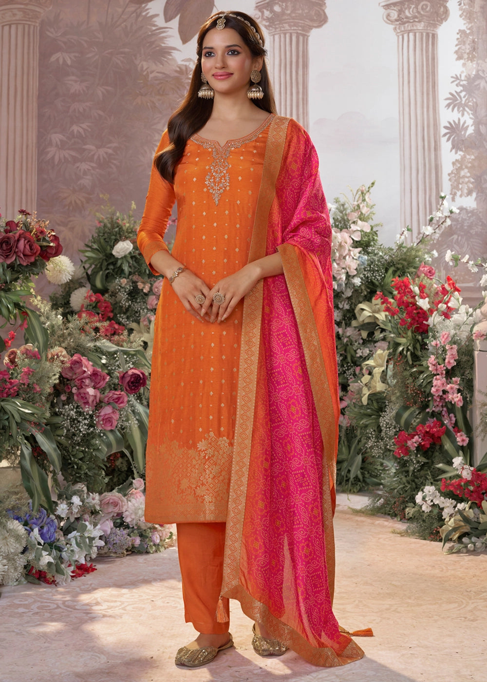 Tangerine Orange Embroidered Dola Silk Kurta and Pant Set with Jacquard Accents